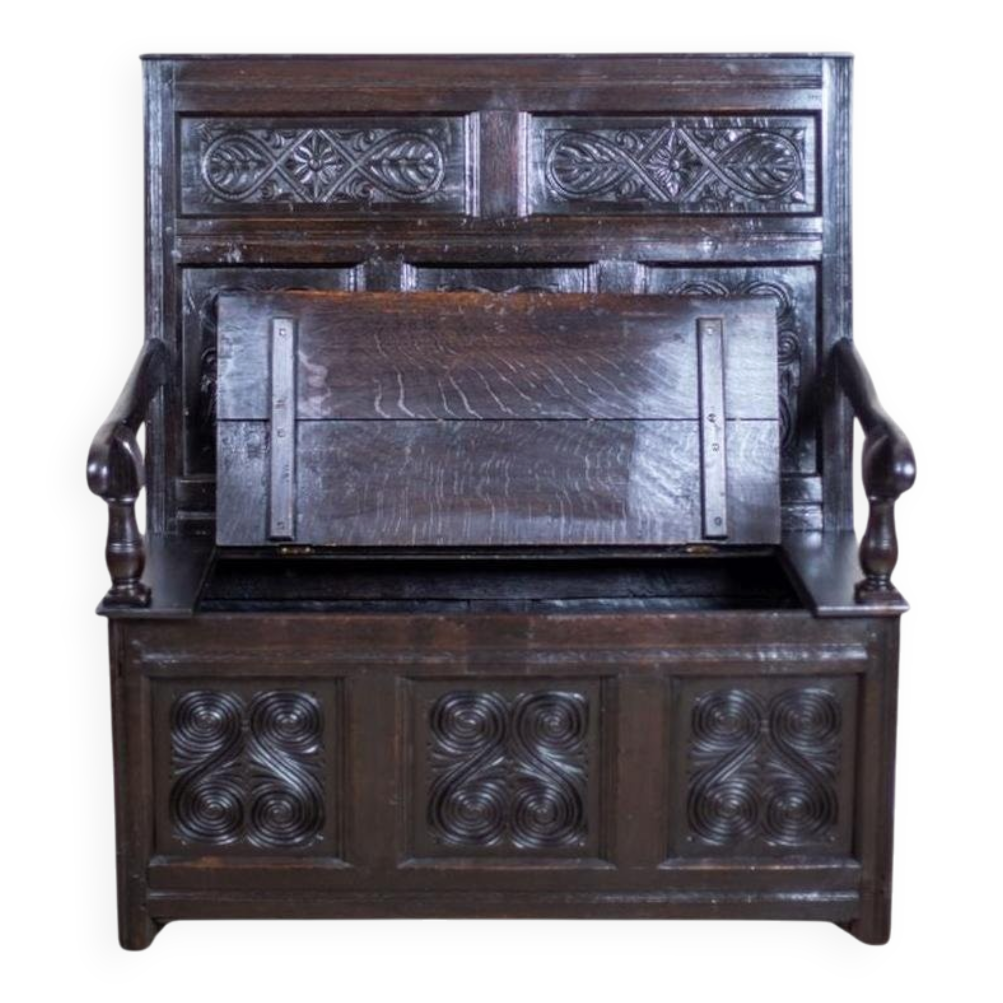 Antique Renaissance Revival Oak Bench, 1890s