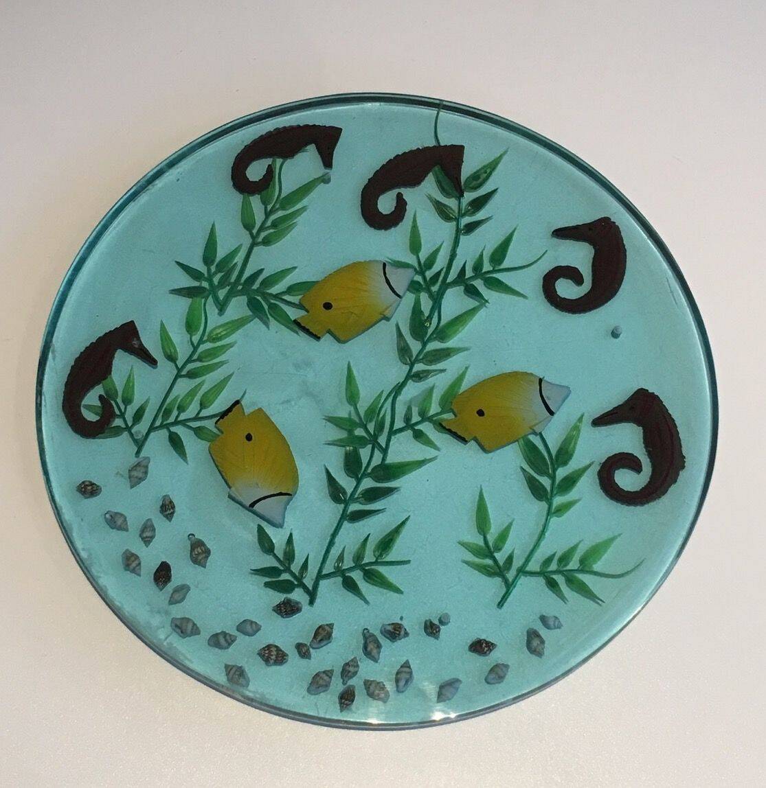Set of 4 resin trays, inlaid with seahorses, fish, seaweed, and shells.