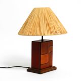 Italian 60s table lamp made of wood and leather with paper straw lampshade