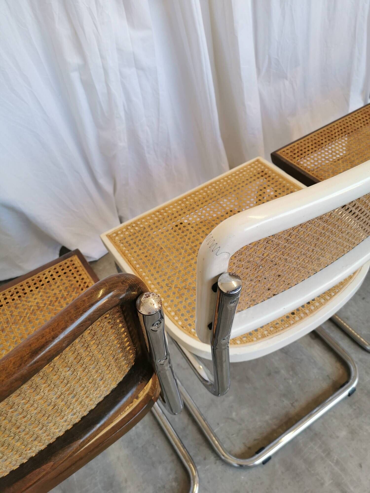 Set of 4 vintage cesca dining chairs / 2 brown 2 white / cane seat mid-century