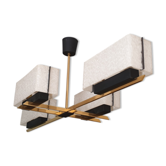 Arlus chandelier 4x2 brass lights prespex 1950/1960 vintage