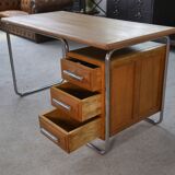 Bauhaus design desk in chrome tube and solid oak by Kovona 1960s