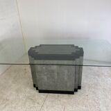 Table à manger postmoderne en pierre et marbre avec socle en laiton et plateau en verre, années 1980