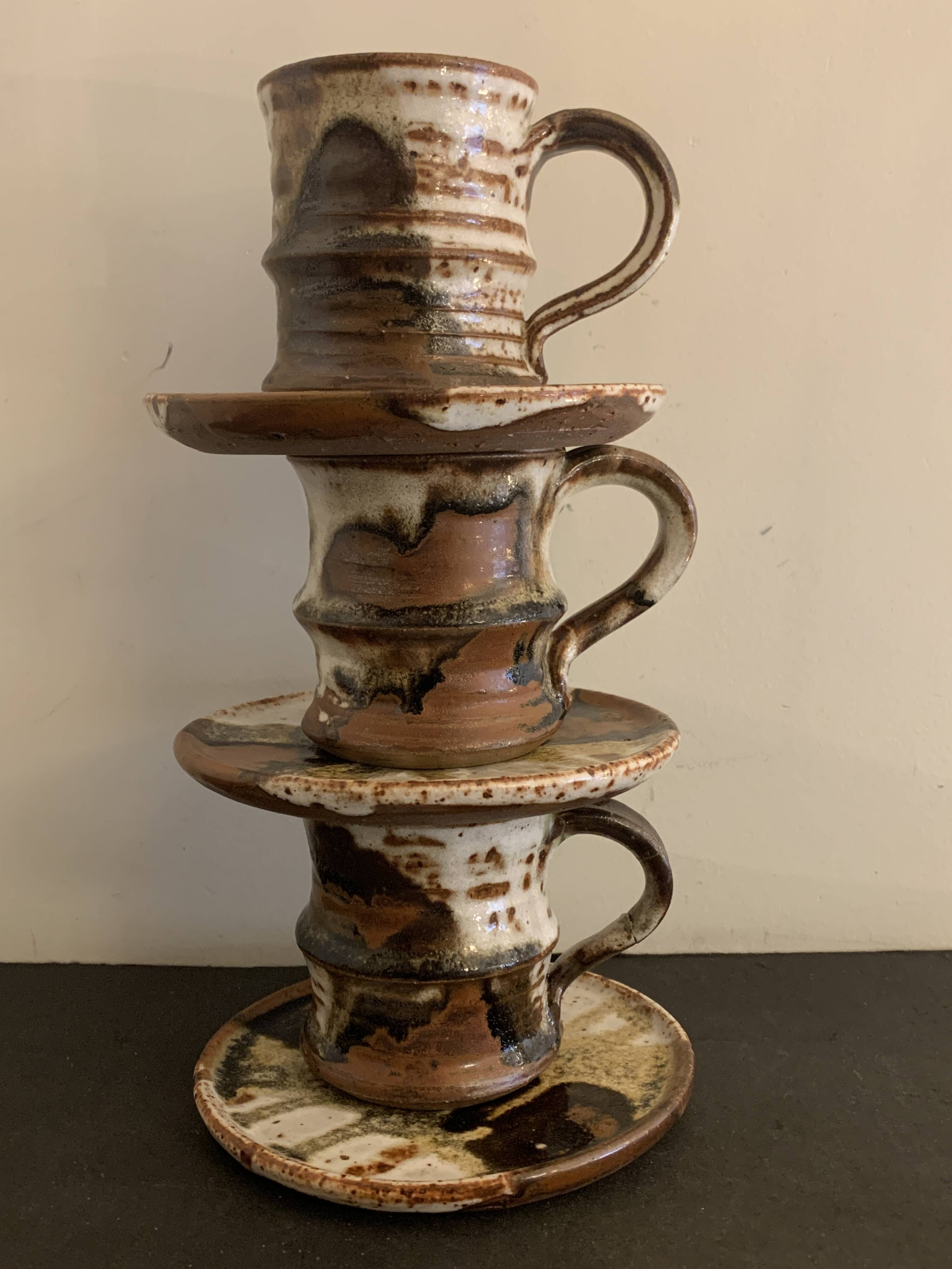 Set of 3 Danish Waldorff cups and 3 saucers in glazed stoneware