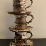 Set of 3 Danish Waldorff cups and 3 saucers in glazed stoneware
