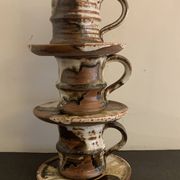 Set of 3 Danish Waldorff cups and 3 saucers in glazed stoneware