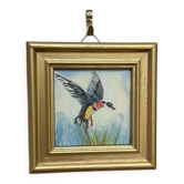Mid-Century Oil on Panel – “Birds” by Unknown, Vintage & Framed 11 × 11 cm