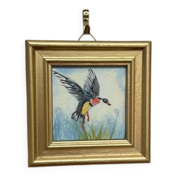Huile sur panneau du milieu du siècle – « Oiseaux » par inconnu, vintage et encadrée 11 × 11 cm