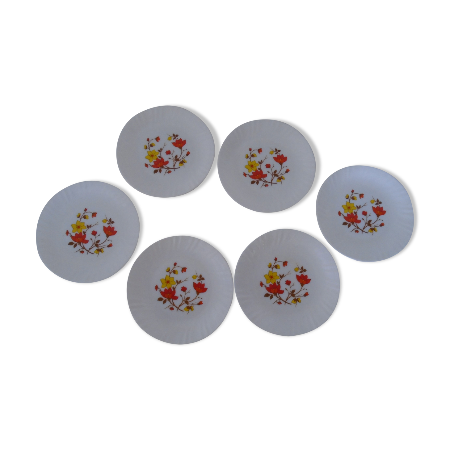 6 plates orange flowers - yellow Arcopal France Vintage
