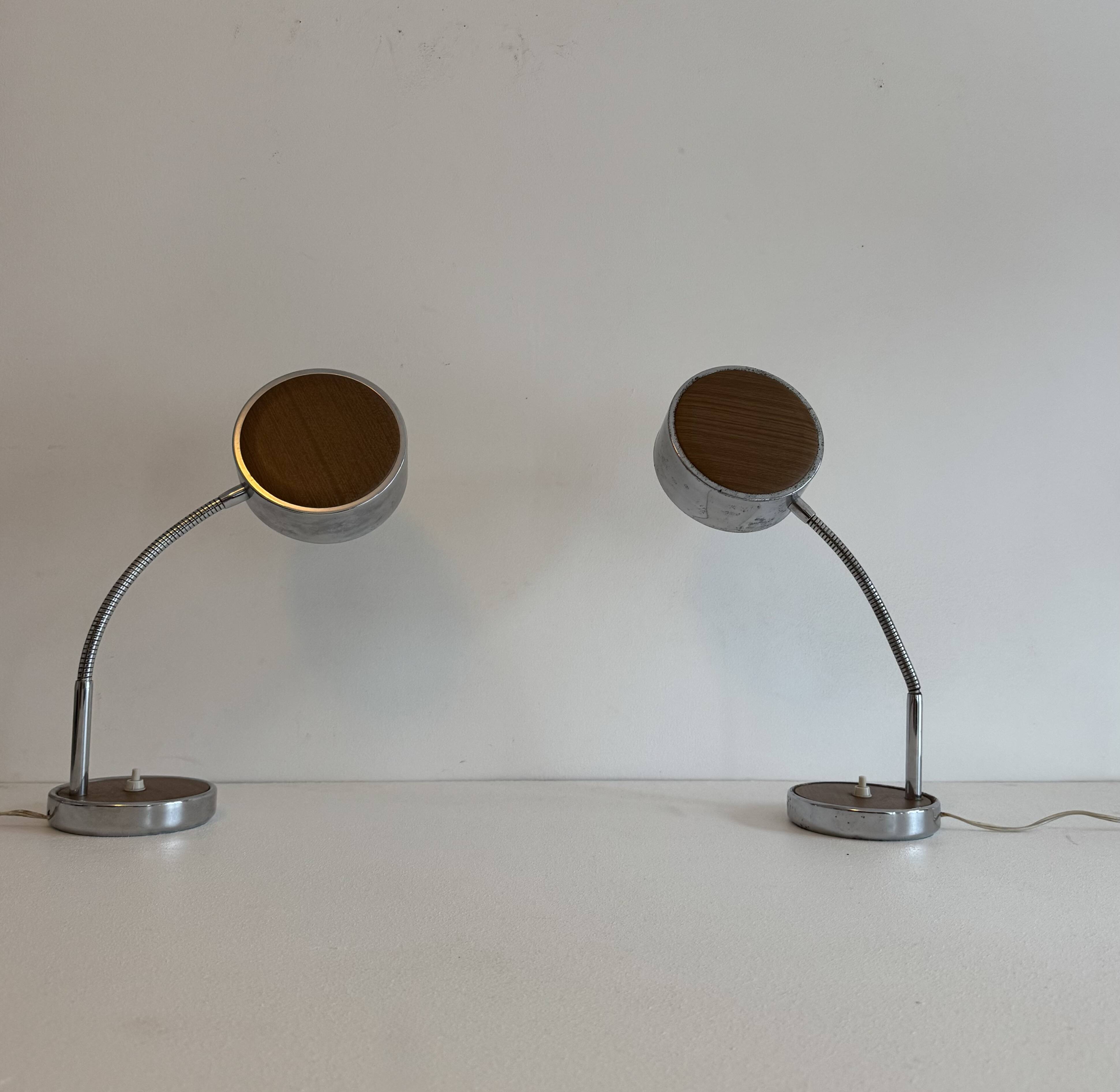 Pair of adjustable vintage table lamps, chrome metal and wood, France.