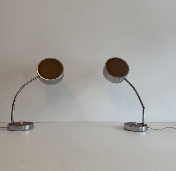 Paire de lampes de table orientables vintage, métal chromé et bois, France,