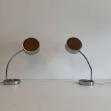 Pair of adjustable vintage table lamps, chrome metal and wood, France.