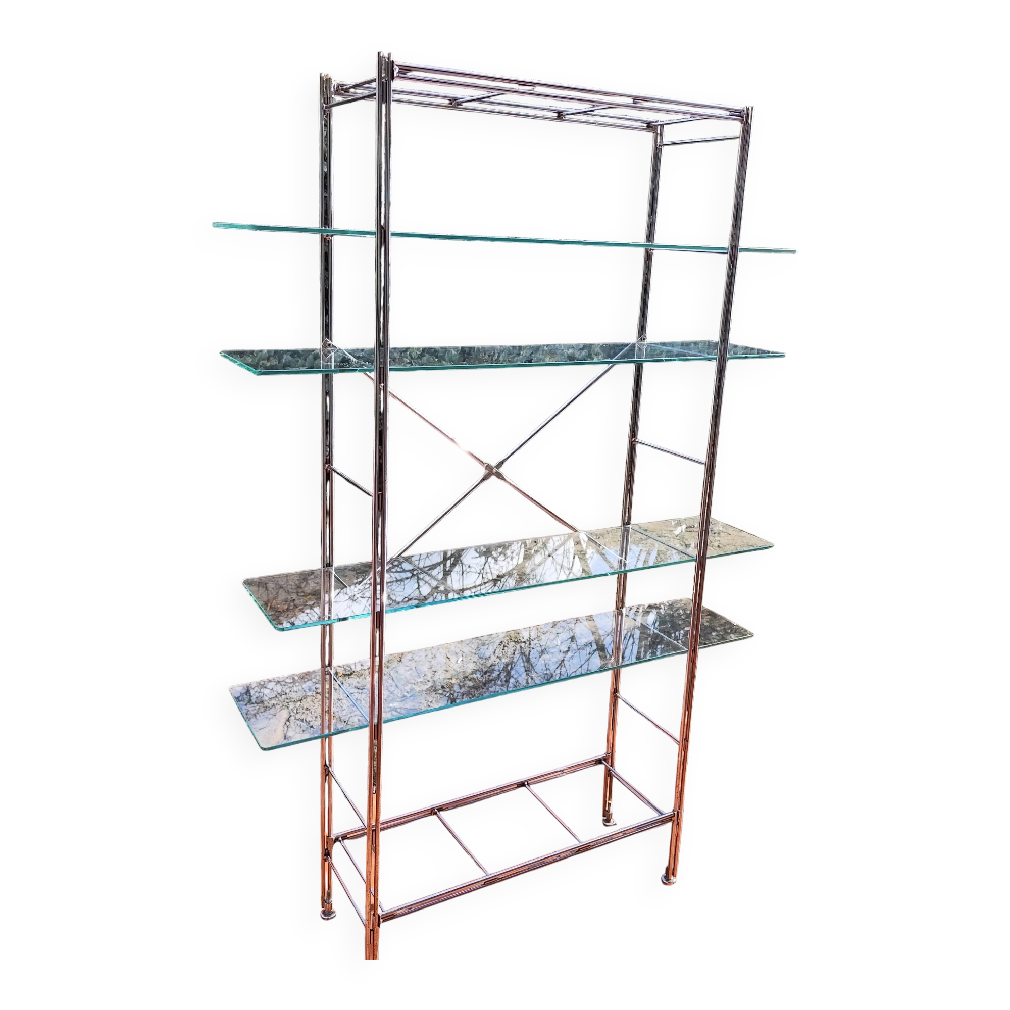 Modular metal chrome and vintage glass shelves from the 1970s.