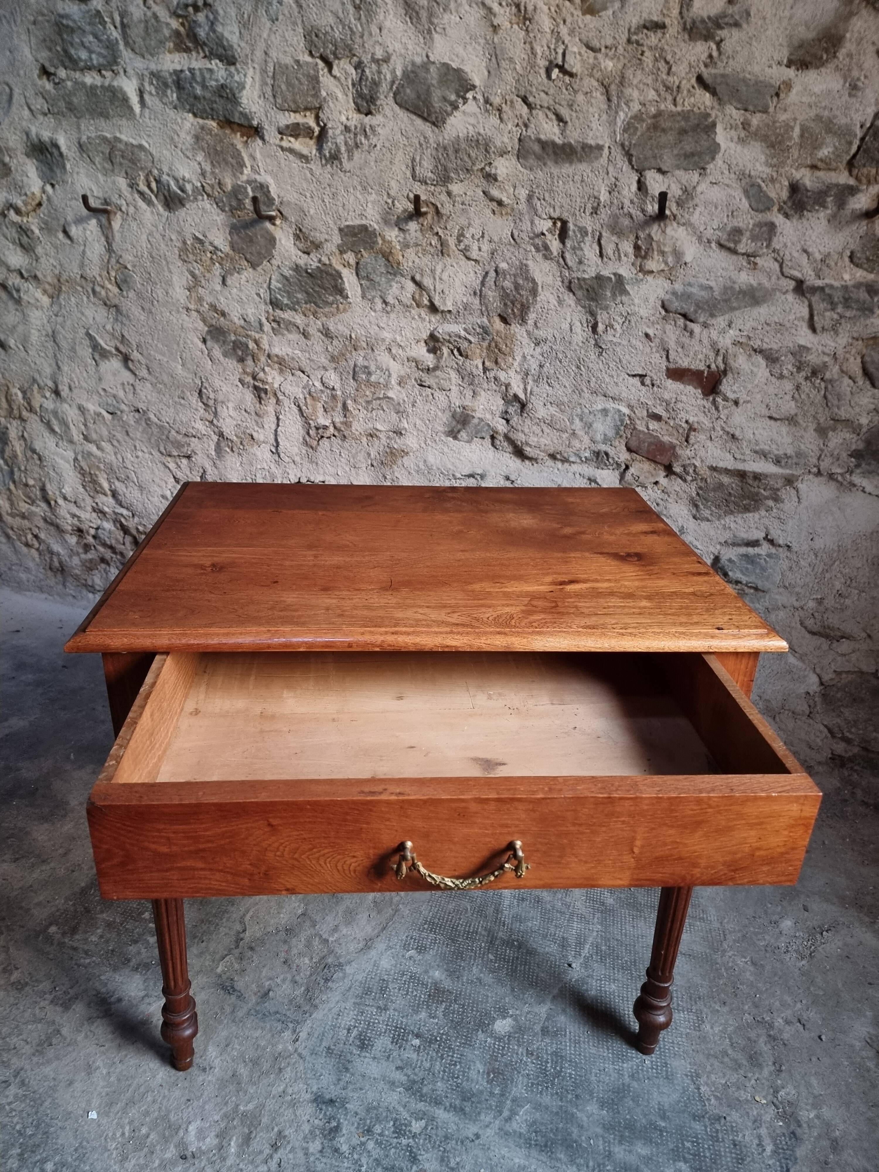 Antique oak writing table with drawer, French side table, console, solid oak desk, circa 1930–1950.