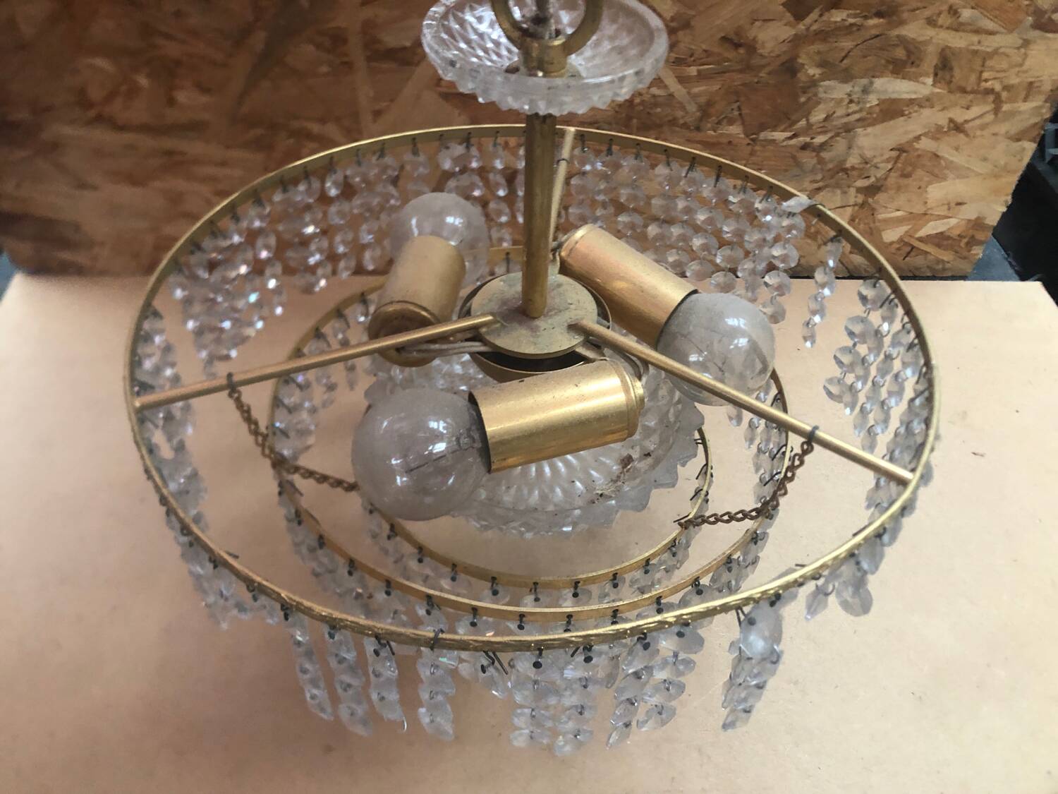 Ancien Lustre Laiton Cascade Pampilles Vintage