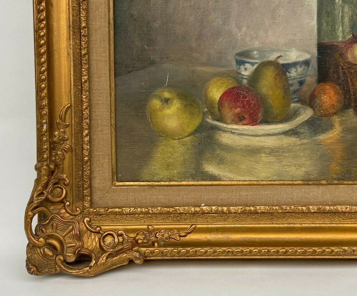 J poisat oil on canvas still life with fruits composition stucco frame