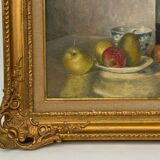 J poisat oil on canvas still life with fruits composition stucco frame