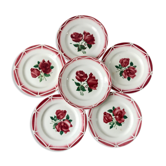 Set of 6 flat plates Digoin Sarreguemines models "Cibon" and "Les Roses" years 30-40