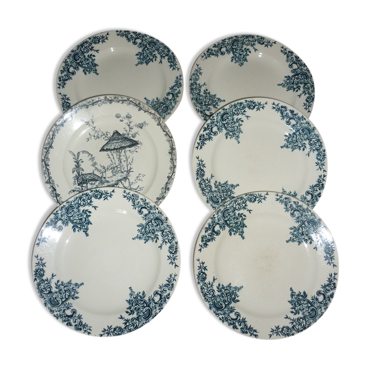 Set of 6 antique earthenware plates with blue and white decoration