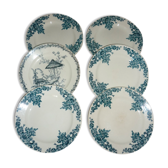 Set of 6 antique earthenware plates with blue and white decoration