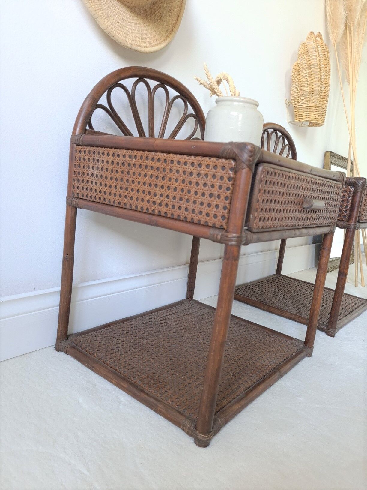 Pair of rattan bedside tables