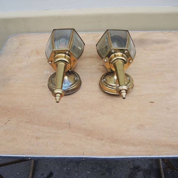 2 anciennes appliques lanterne de fiacre en laiton & verre