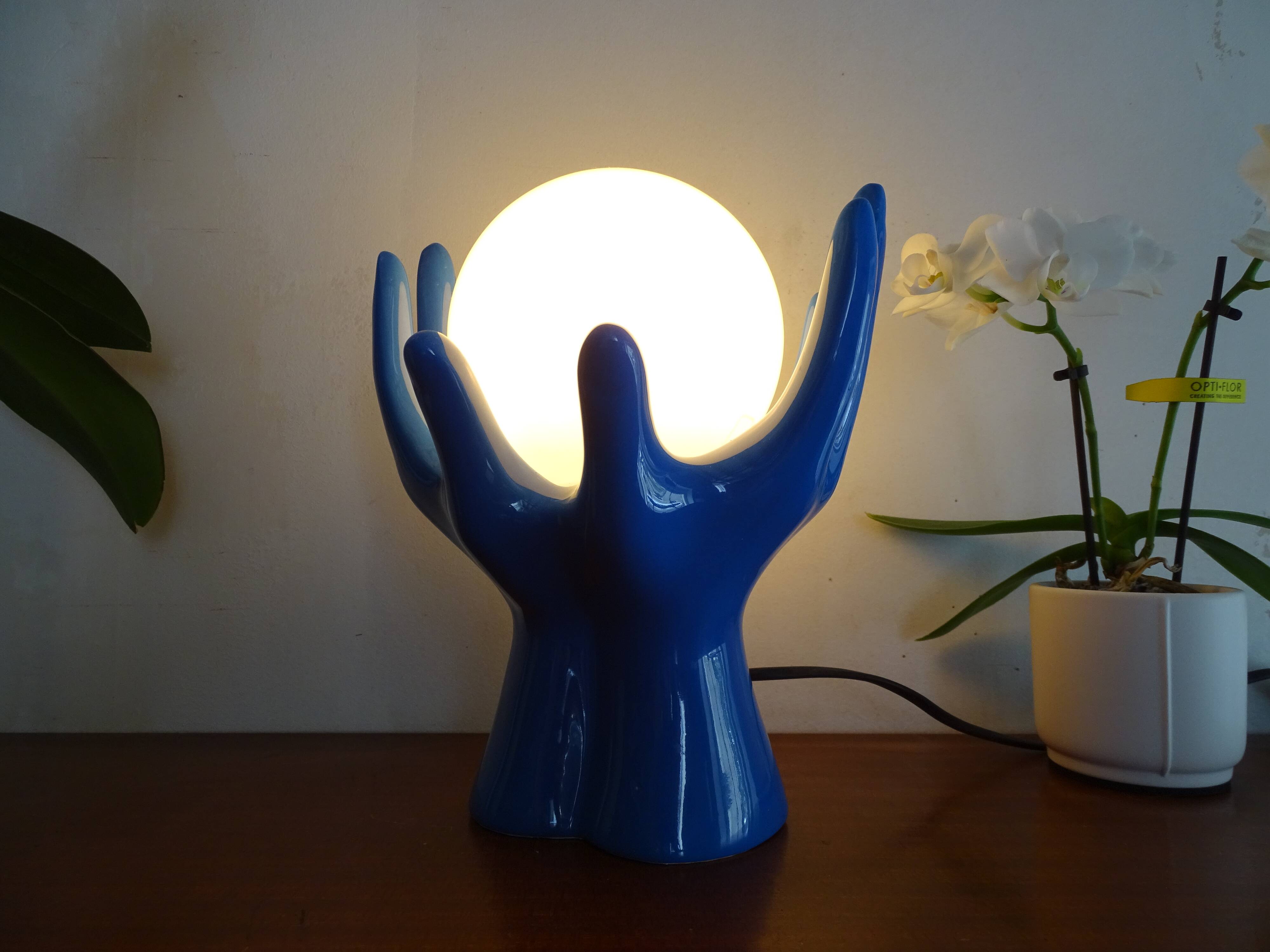 Lampe main céramique globe boule design vintage 1970