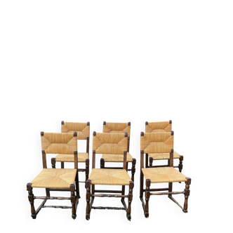 Set of 6 wooden and straw chairs