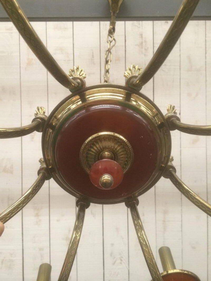 Brass and red plexiglass chandelier