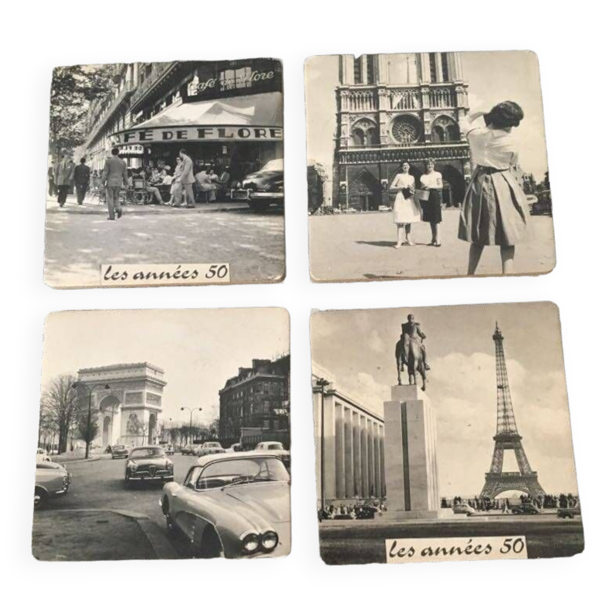 Set of 4 “The 50s” coasters. Reproduction on cork