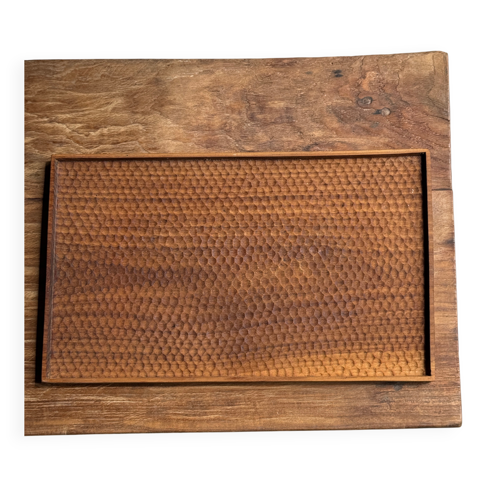 Rectangular solid teak tray with carved edges 40x25