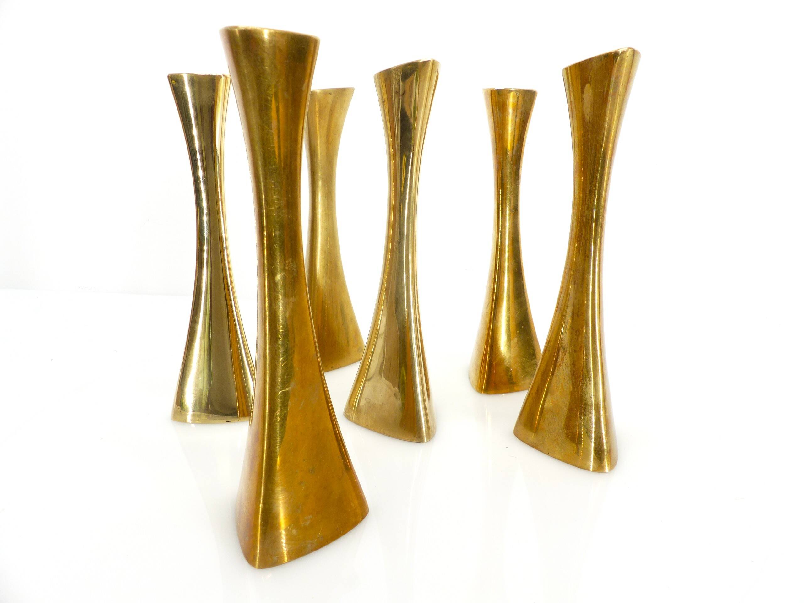6 Ytterberg solid brass candlesticks for BCA Eskilstuna, Sweden, circa 19