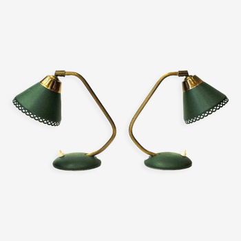 Green Table and Walllamp pair with brass neck by EWÅ Värnamo 1950s, Sweden