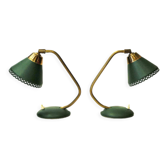 Green Table and Walllamp pair with brass neck by EWÅ Värnamo 1950s, Sweden