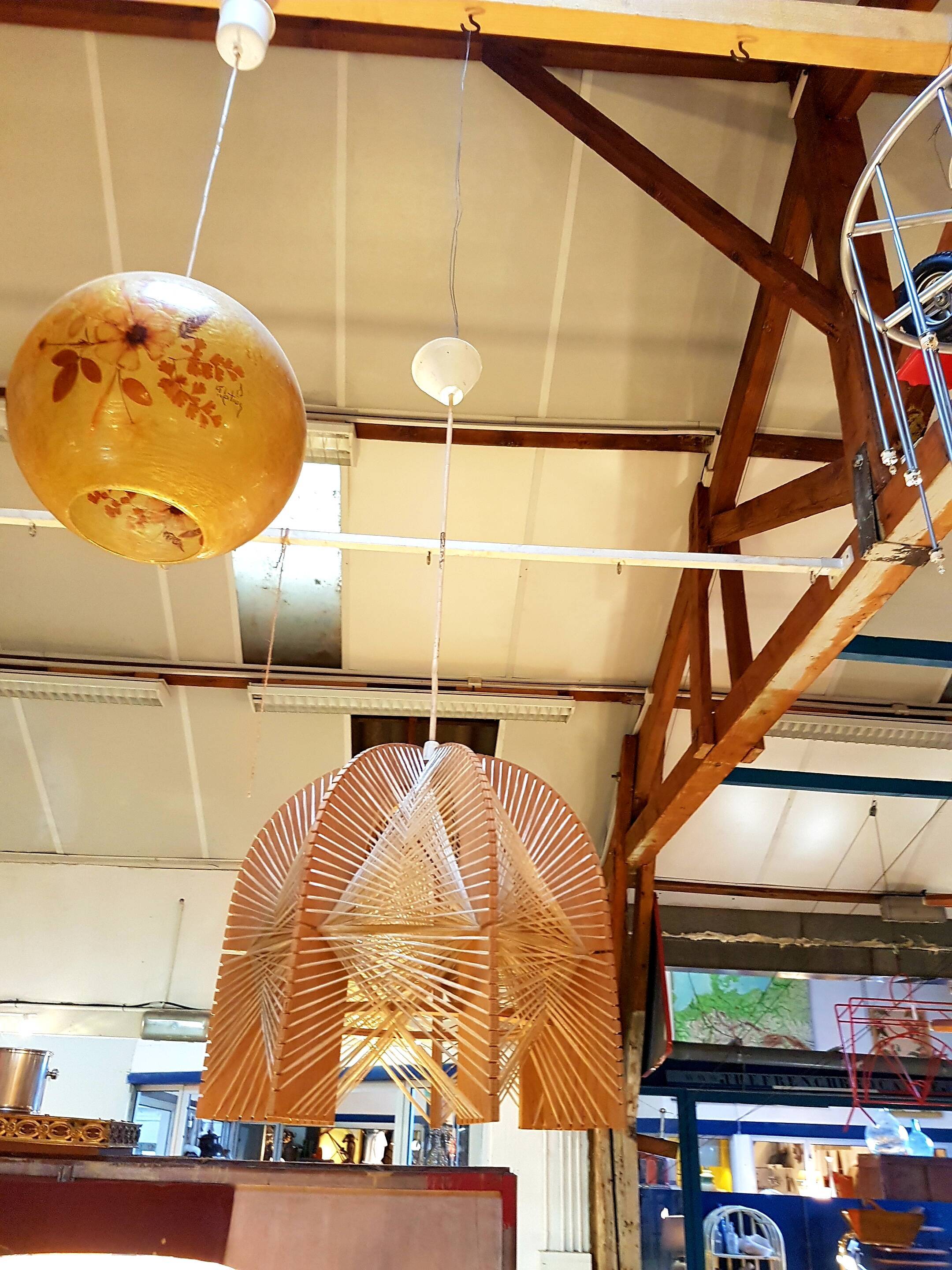 Hanging lamp in wood cut out clear raffia geometrical drawings 1970