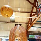 Hanging lamp in wood cut out clear raffia geometrical drawings 1970