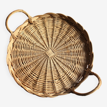 Round tray with two vintage wicker handles