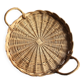 Round tray with two vintage wicker handles