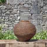 Old basket with lid, burgundy straw and bramble, woven basket, interior decoration