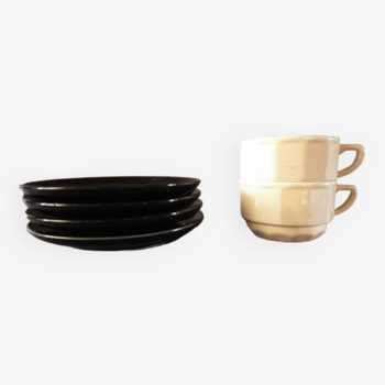 Set of black and cream Apilco cups and saucers