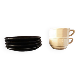 Set of black and cream Apilco cups and saucers