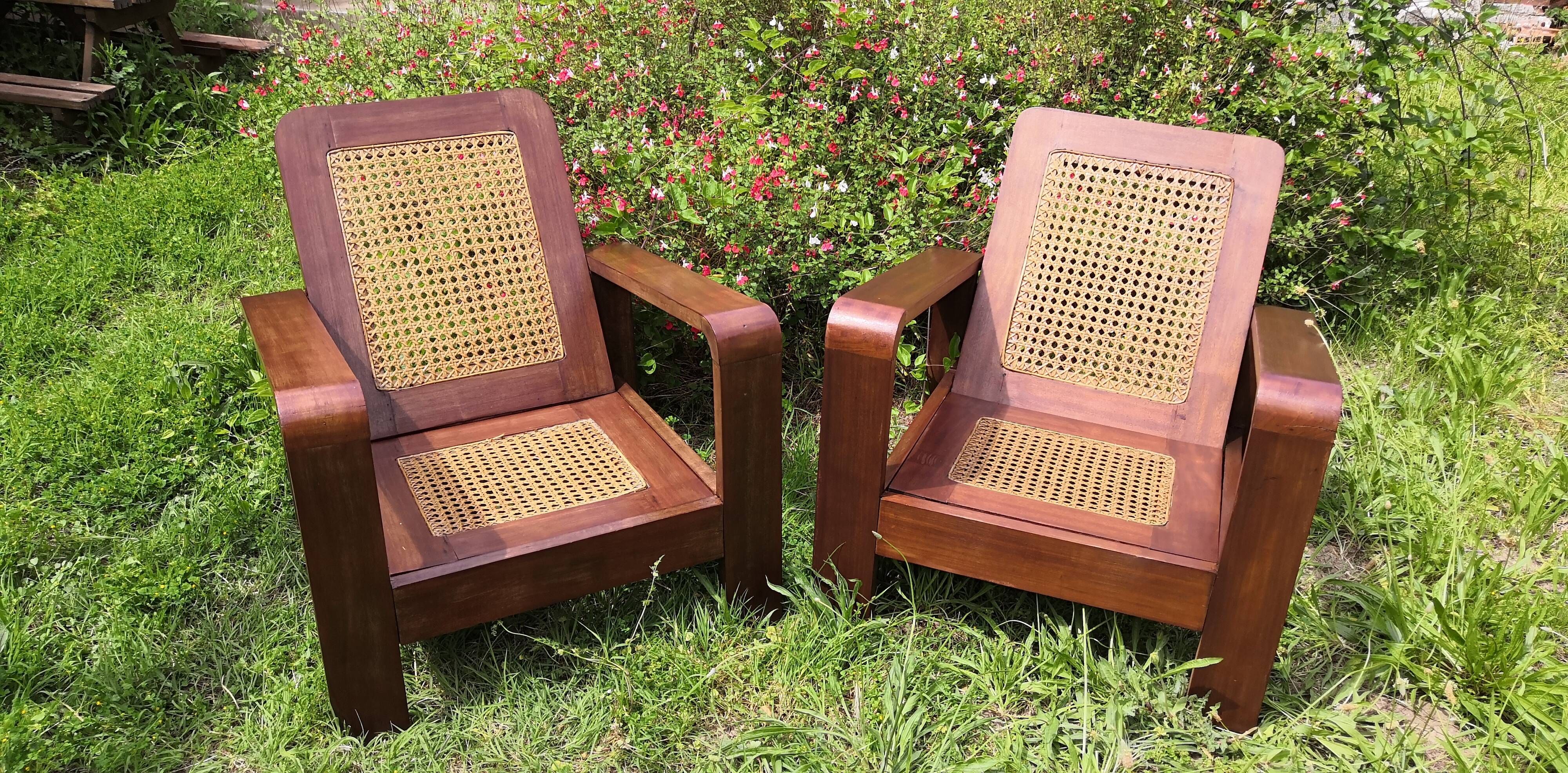 Pair of vintage rosewood and canning armchairs, Burma 1950