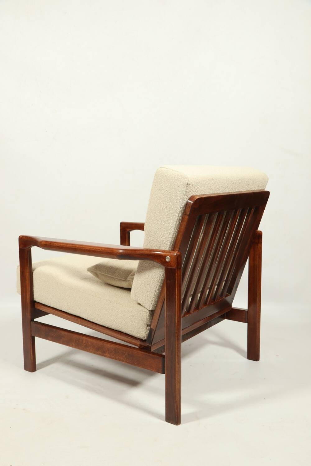 Vintage dark wood beige bouclé armchair by Z.Baczyk 1965