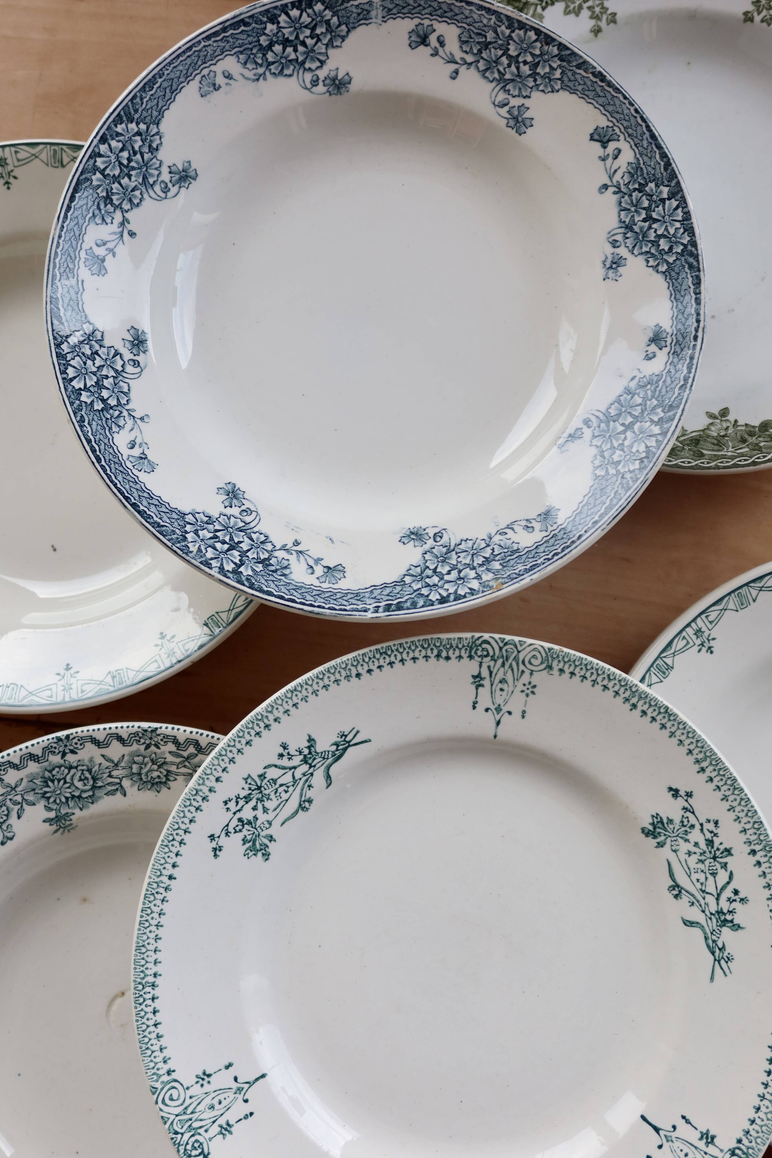 6 vintage ironstone deep plates mismatched - Blue and green tones