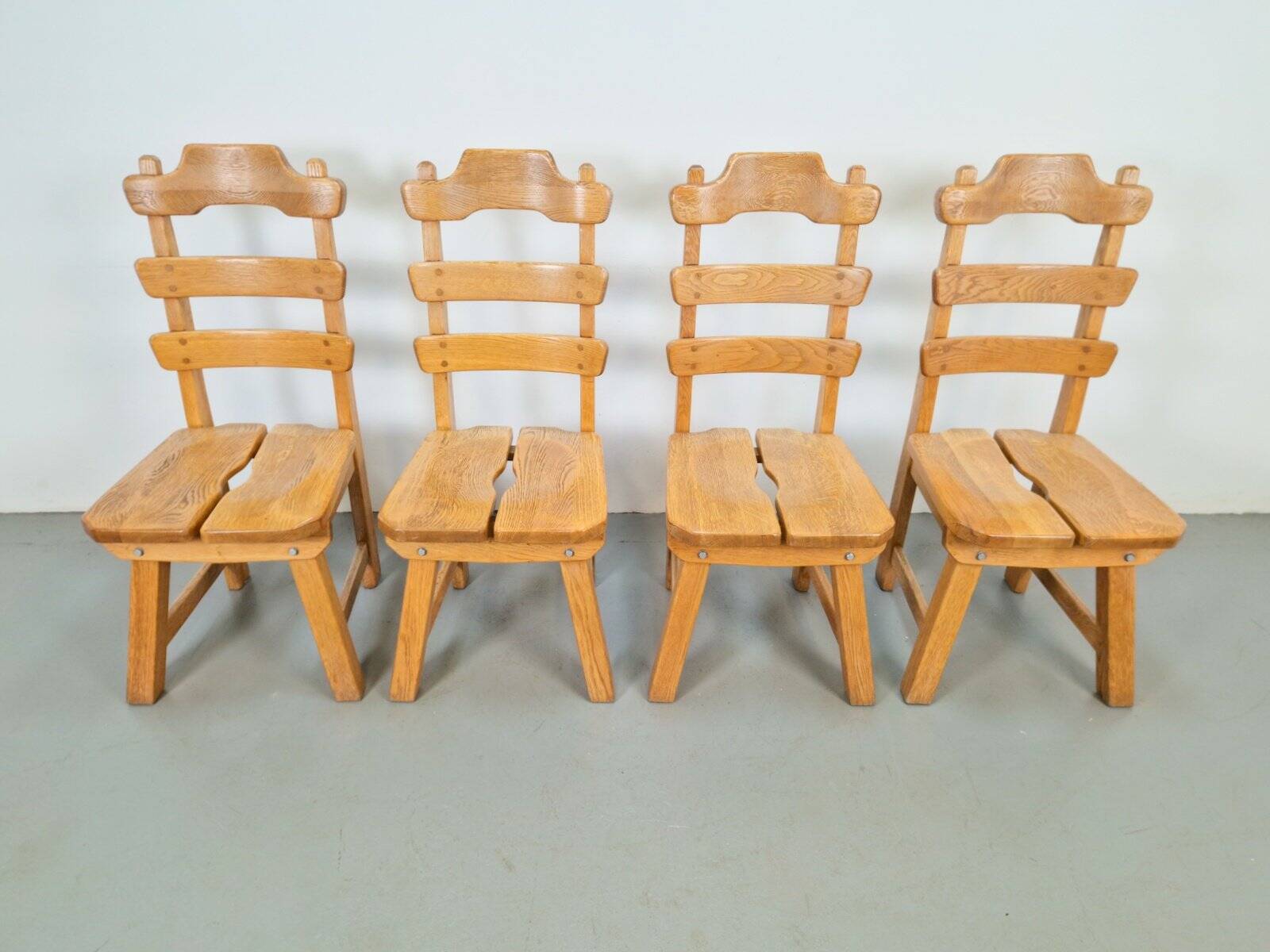 Dutch Brutalist Dining Chairs with Ladder Backrests in Oak, 1960s, Set of 4