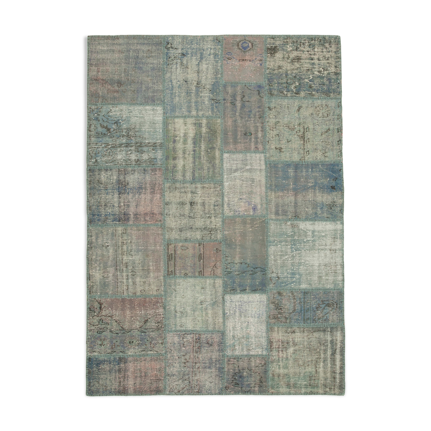 Handmade anatolian overdyed 177 cm x 246 cm blue patchwork carpet