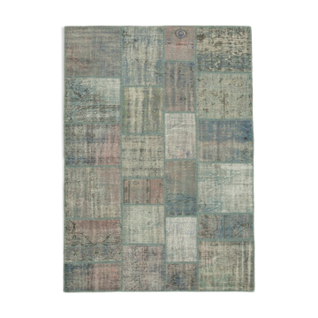 Handmade anatolian overdyed 177 cm x 246 cm blue patchwork carpet