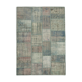 Handmade anatolian overdyed 177 cm x 246 cm blue patchwork carpet