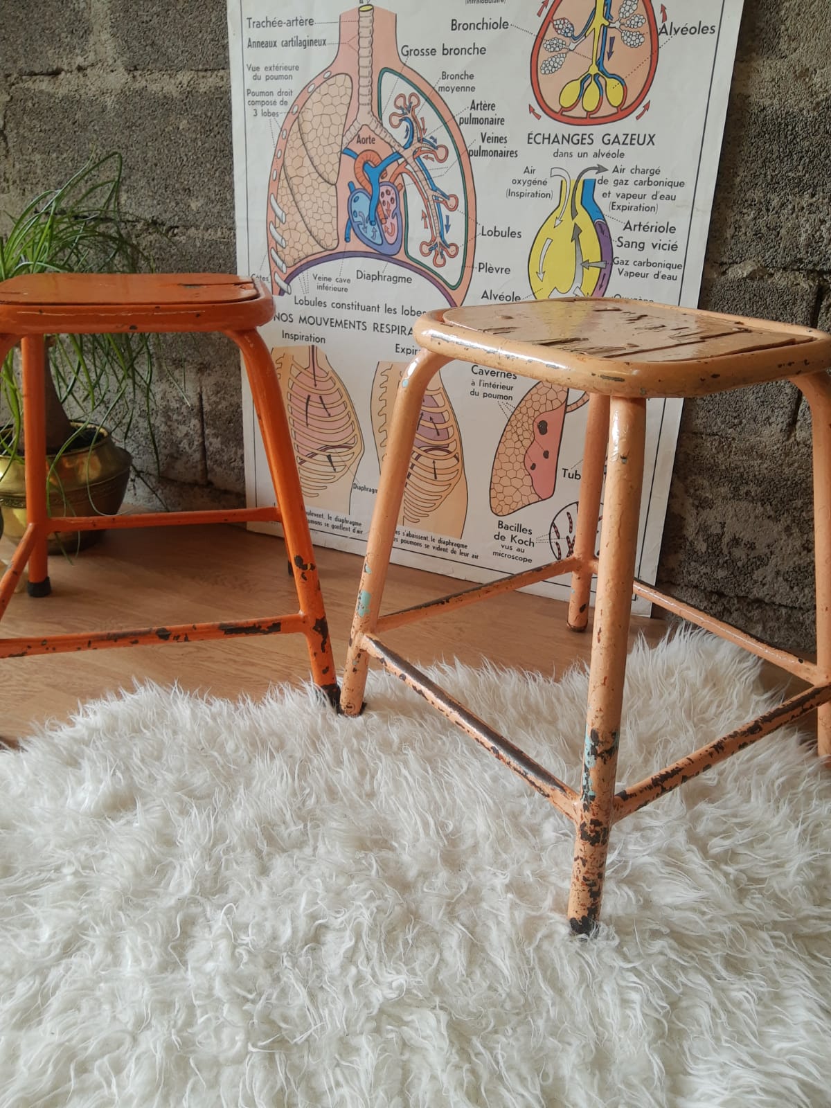 Pair of low metal stools industrial workshop - vintage