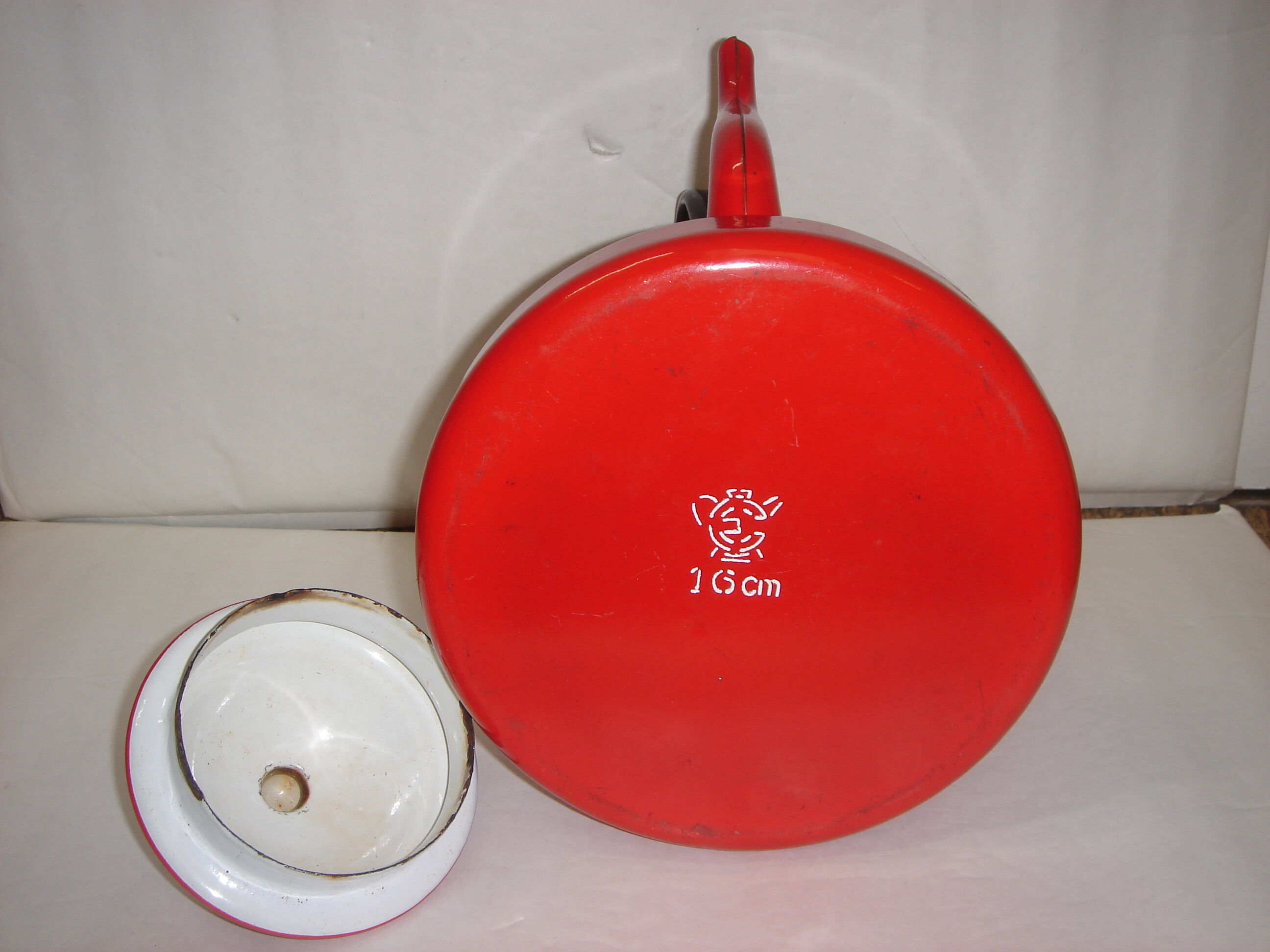 Red enamelled iron teapot from 1960